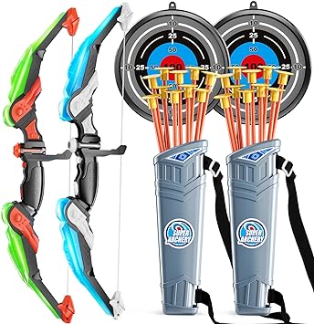 Photo 1 of TEMI 2 Pack Set Kids Archery Bow Arrow Toy Set Outdoor Hunting Play with 2 Bow 20 Suction Cup Arrows 2 Target & 2 Quiver, LED Light Up Function Toy, Outdoor Toys for Kids, Boys & Girls Ages 3-12