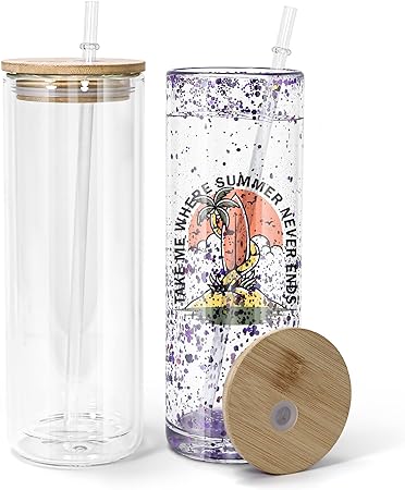 Photo 1 of AGH 25OZ Sublimation Snow Globe Glass with Bamboo Lids and Straws, 2 Pack Double Wall Sublimation Beer Can Glasses Can Shaped Tumblers with Pre Drilled Hole for DIY