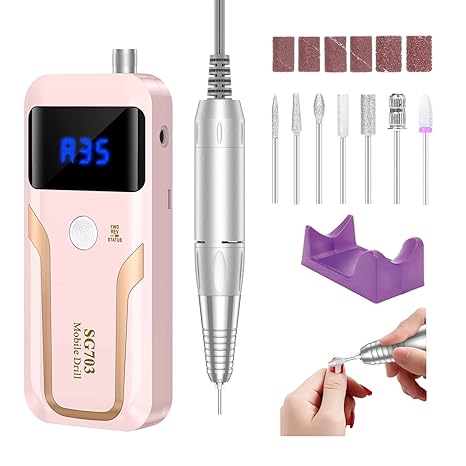 Photo 1 of Portable Nail Drill Professional 35000 RPM, Rechargeable Electric Nail File Machine E File for Acrylic Nails Gel Polishing Removing, Cordless Efile with Bits Kit for Manicure Salon Home, Pink