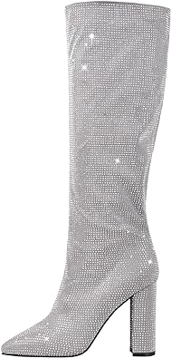 Photo 1 of Richealnana Women's Rhinestones Block Heel Long Boots Pointed Toe Knee High Booties For Party Prom Size 9.5