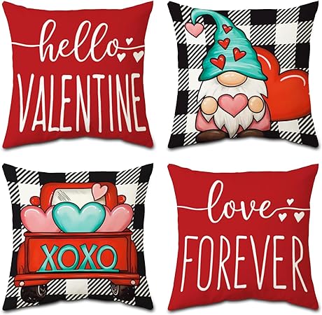 Photo 1 of Valentines Day Pillow Covers 18x18 Set of 4, Red Dwarfs Truck Valentines Day Throw Pillowcase, Holiday Home Decorations for Couch Sofa Living Room (Red)
