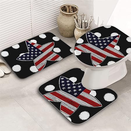 Photo 1 of Patriotic 4th of July Bathroom Rugs and Mats Set 3-Pieces, Stars Striped USA Flag Non Slip Absorbent Pedestal Mat Toilet Lid Cover, Independence Memorial Day Doormats, Large