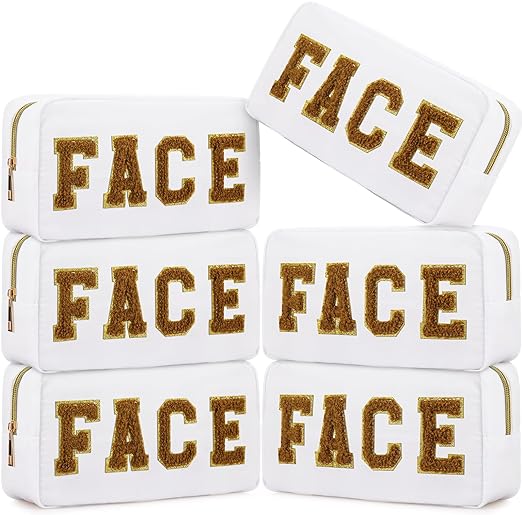 Photo 1 of 6 Pcs Girls Graduation Gifts Chenille Letter Patches Bag Nylon Preppy Makeup Bag Travel Toiletry Cosmetic Bag Waterproof Preppy Organizer Make up Pouch for Women Girls(White, Face)