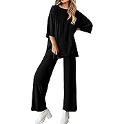 Photo 1 of Women Summer 2 Piece Casual Outfits Short Sleeve Round Neck Top Wide Leg Pants Set with Pockets Size M