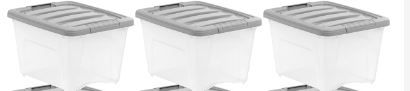 Photo 1 of Amazon Basics 19 Quart Stackable Plastic Storage Bins with Latching Lids- Clear/ Grey- 3 pack