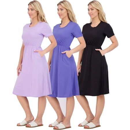 Photo 1 of Real Essentials 3-Pack: Women XXL MIDI Short Sleeve Soft T-Shirt Dress with Elastic Waist 
