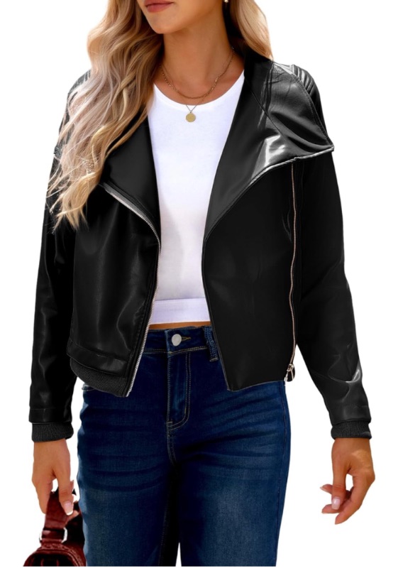 Photo 1 of luvamia Faux Leather Jackets for Women Zip Up Lapel Collar Motorcyle Biker Short Jacket (XS)