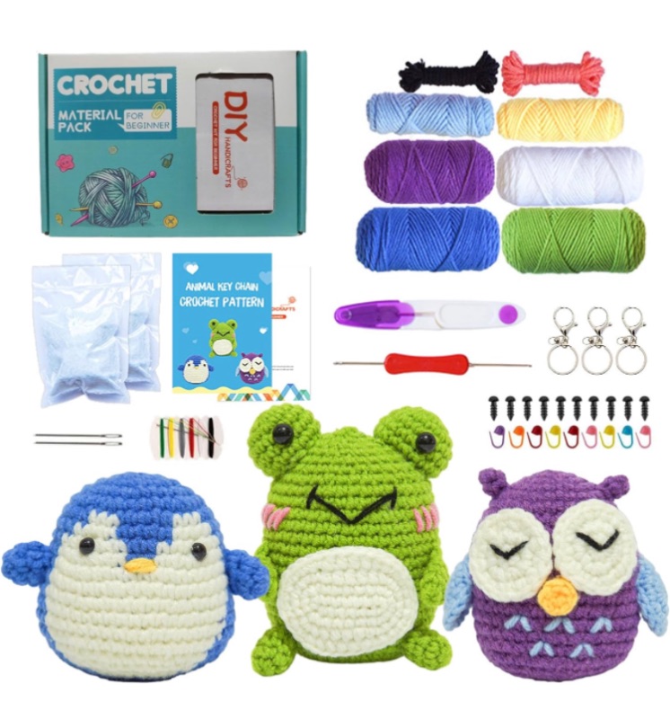 Photo 1 of HKEUZEZO Beginners Crochet Kit Animal Knitting Set, 3 Pattern-Owl Penguin Frog Crochet Yarn