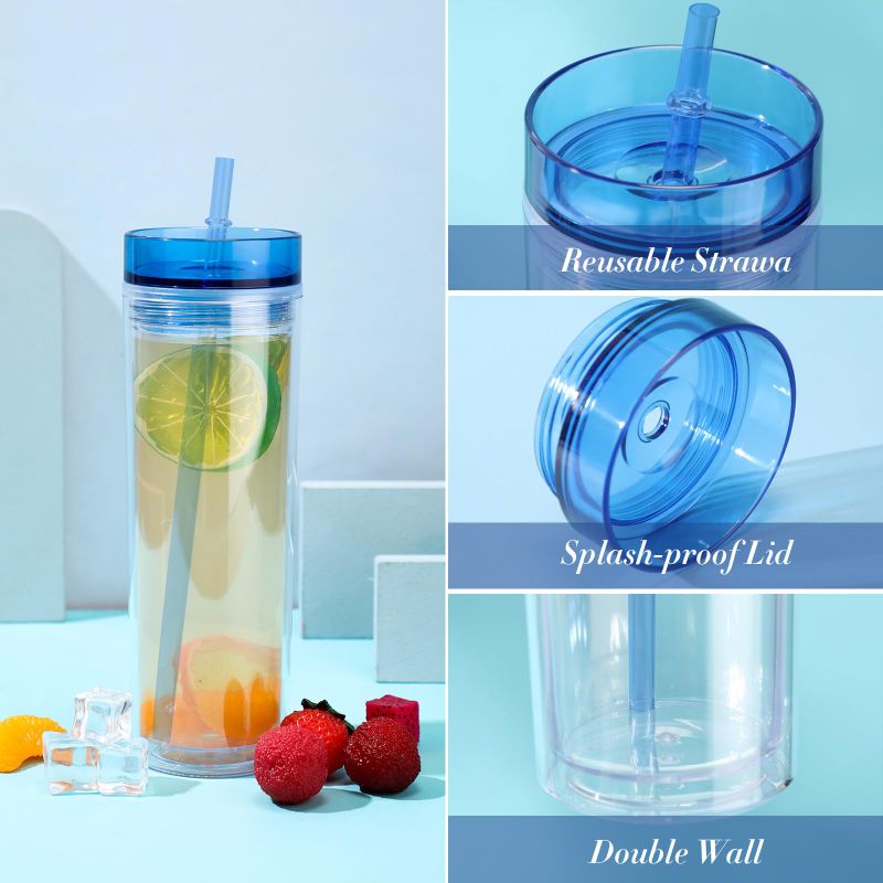Photo 1 of Bokon Plastic Tumblers with Lids and Straws 16 oz Clear Insulated Travel Tumblers (Blue)