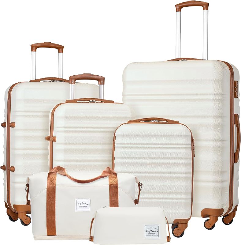 Photo 1 of MISSING TWO HAND BAGS!  LONG VACATION Luggage Set 4 Piece Luggage ABS hardshell TSA Lock Spinner Wheels Luggage Carry on Suitcase (WHITE-BROWN, 4 piece set)
