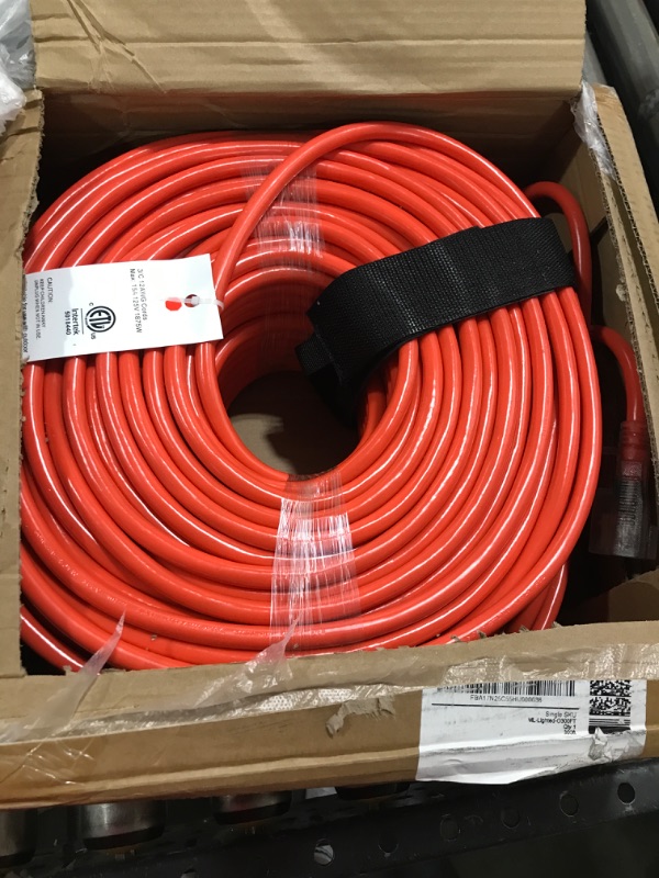 Photo 2 of 300 ft 12/3 Outdoor Extension Cord Waterproof Heavy Duty with Lighted End 12 Gauge 3 Prong, Flexible Cold-Resistant Long Power Cord Outside, 15Amp 1875W SJTW Orange ETL Listed POWGRN 300FT 12/3 Orange