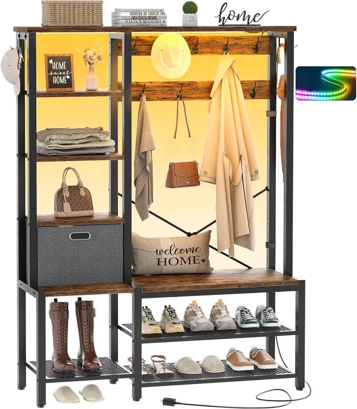 Photo 1 of Aheaplus Hall Tree with Storage Bench, Coat Rack with LED Lights, 5-Tier Shelves, Fabric Storage Basket, Side hooks, 71’’ Industrial 5 in 1 Large Organizer, Sturdy Metal Frame, Rustic Brown 