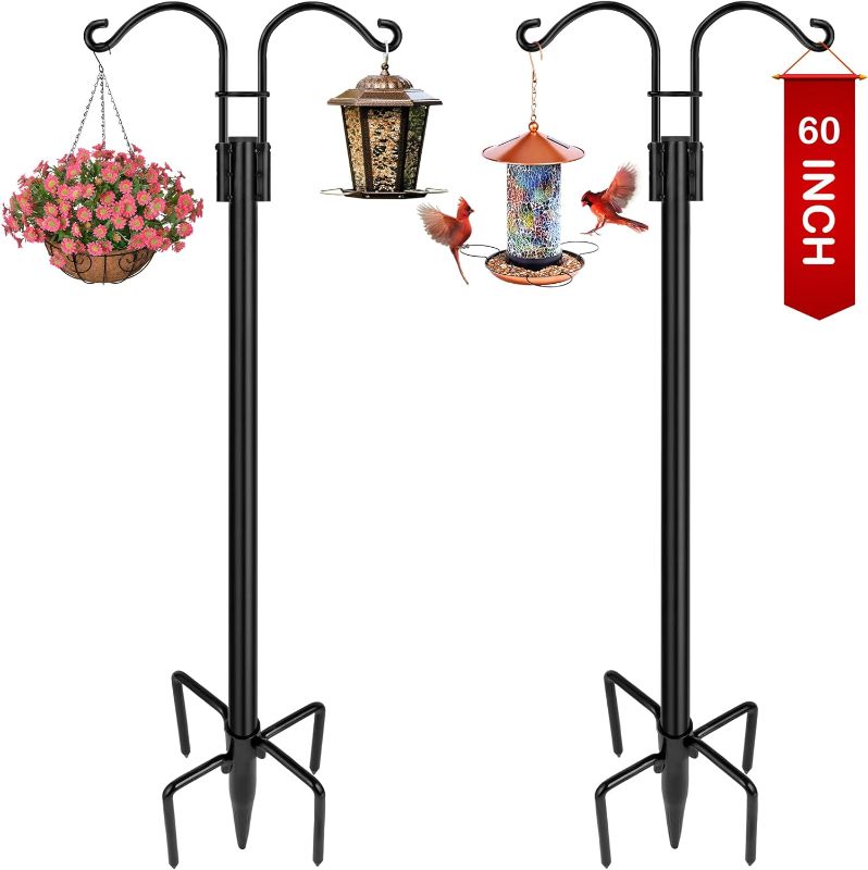 Photo 1 of XDW-GIFTS Double Shepherds Hooks for Outdoor, 2-Pack Heavy Duty Garden Pole for Hanging Bird Feeder, Plant Baskets, Solar Light Lanterns, Garden Plant Hanger Stands with 5 Base Prongs https://a.co/d/024WcOZY