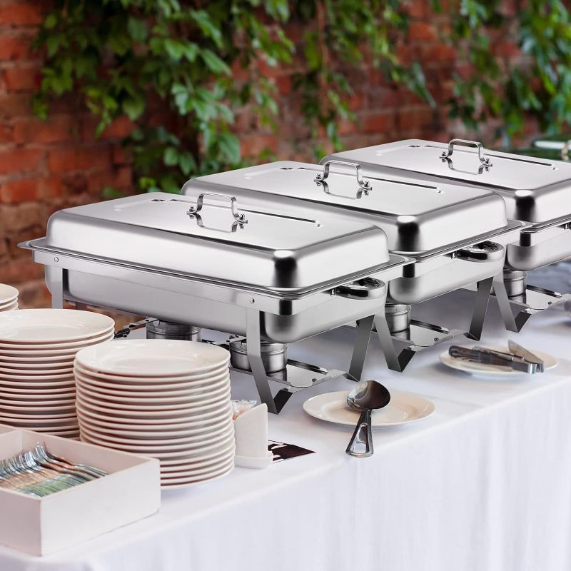 Photo 1 of 4 Pack Full Size Stainless Steel Chafing Dishes 8 Quart Chafing Dish Buffet Set Silver Rectangular Catering Chafer Warmer with Food Tray Lid and Fuel Holder for Buffet Banquet Party Catering Supplies https://a.co/d/0hPIdLJB