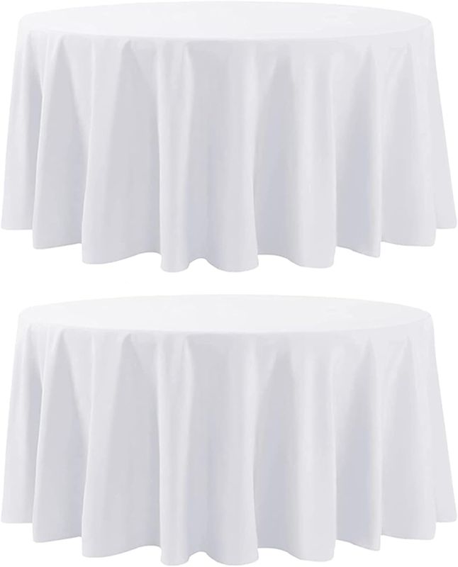 Photo 1 of Aocoz 2 Pack White Round Tablecloth - 120 Inch Round Tablecloth, Stain-Wrinkle Resistant, and Washable, Decorative Polyester Table Cover for Dining Table, Banquets, Buffet Parties, and Wedding https://a.co/d/03fMWocx