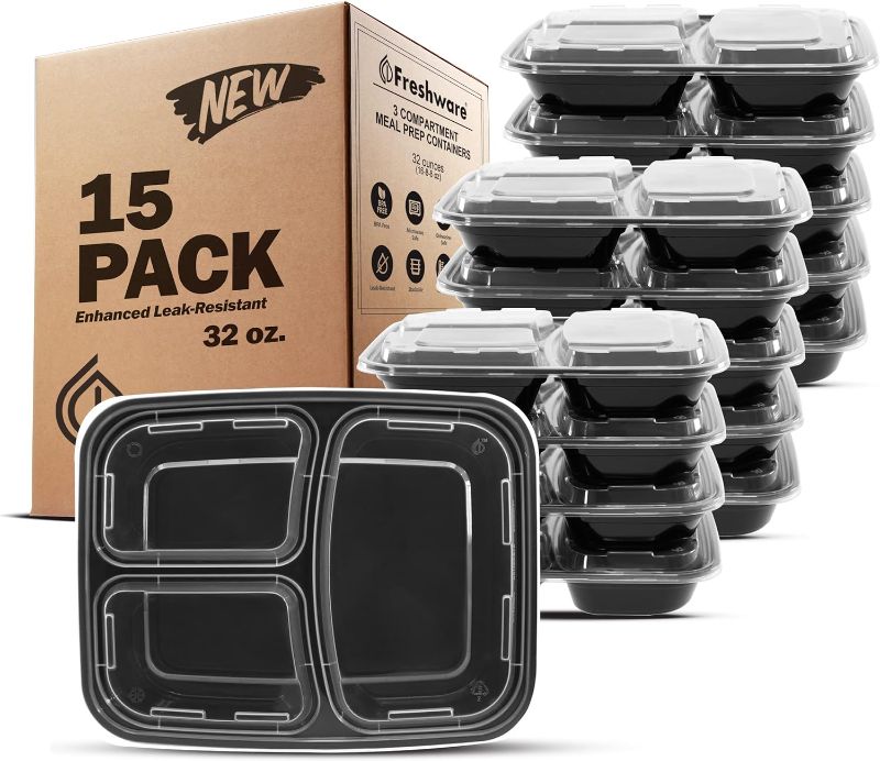 Photo 1 of Freshware Meal Prep Containers [15 Pack] 3 Compartment with Lids, Food Containers, Lunch Box, Stackable, Bento Box, Microwave/Dishwasher Safe 
