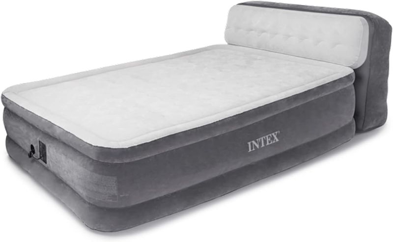 Photo 1 of Intex Dura-Beam Ultra Plush Inflatable Pillow Top Bed Air Mattress with Headboard, Built-in Internal Electric Pump and Carry Storage Bag, Queen, Gray
