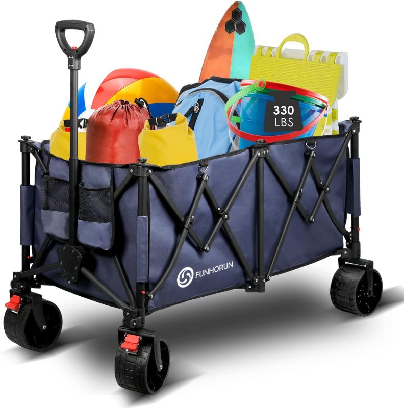 Photo 1 of Collapsible Wagon Carts, Heavy Duty Folding Beach Wagon with All-Terrain Detachable Wheels, Brake and Drink Holders for Camping, Shopping, Garden, Sports, Load up to 330LBS/260L, Navy
