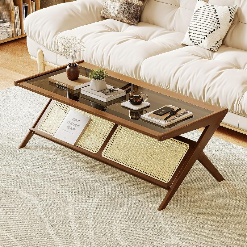 Photo 1 of Bamworld Mid-Century Modern Coffee Table with Glass Top Rattan Center Table with Storage for Living Room Table Brown
