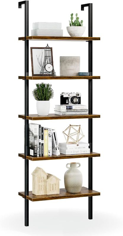 Photo 1 of NUMENN 5 Tier Book Shelf, Industrial Ladder Shelf, Open Space Wall Mount Bookshelf with Metal Frame, Sturdy Book Shelves, Bookcase for Living Room, Home Office Shelf, Vintage Brown
