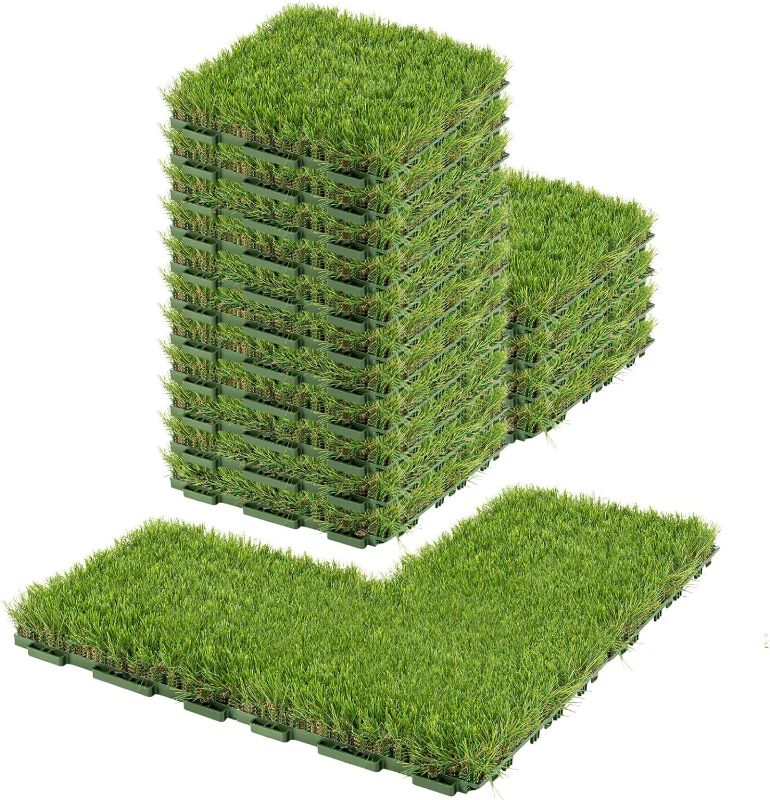 Photo 1 of GROWNEER 1.57" H Interlocking Artificial Grass Tiles, 12" x 12" 18 Pcs Fake Grass Deck Turf Tiles with Upgrade Interlocking System Self-draining for Pet Indoor/Outdoor, Backyard, Patio
