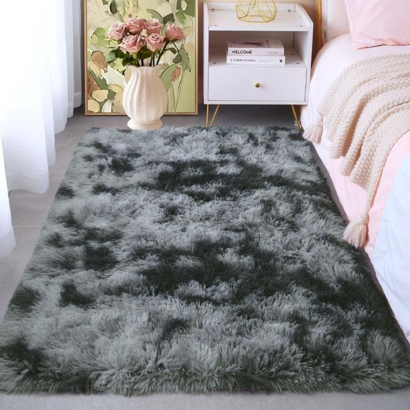 Photo 1 of 3x5 Area Rugs for Living Room, Machine Washable Soft Shaggy Rugs Fluffy Carpets, Non-Slip Indoor Floor Carpet for Living Room, Kids Baby Boys Teen Dorm Home Decor Aesthetic, Black&grey
