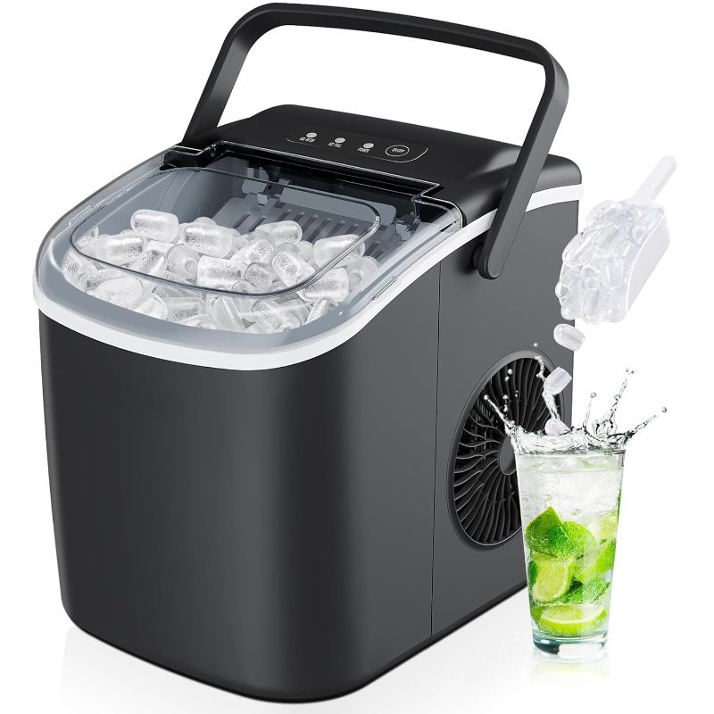 Photo 1 of Countertop Ice Maker with Handle, 26lbs in 24Hrs, 9 Ice Ready in 6 Mins, Self-Cleaning, Portable Ice Maker Machine with 1.3lbs Basket and Scoop for Home/Kitchen/Camping/RV/Dorm. (Black)
