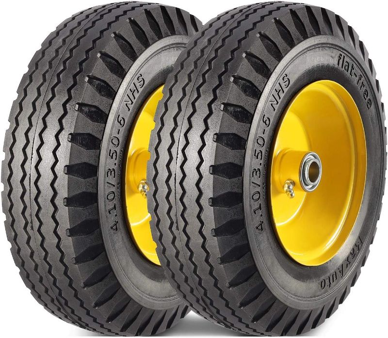 Photo 1 of MaxAuto 4.10/3.50-6" Flat Free Tire Replacement for John Deere Mower, Hand Truck/All Purpose Utility Tire on Wheel, 3"-3.5''-4.0''-4.5'' Centered Hub, 3/4" Bearings, Yellow Steel (2 pack)
