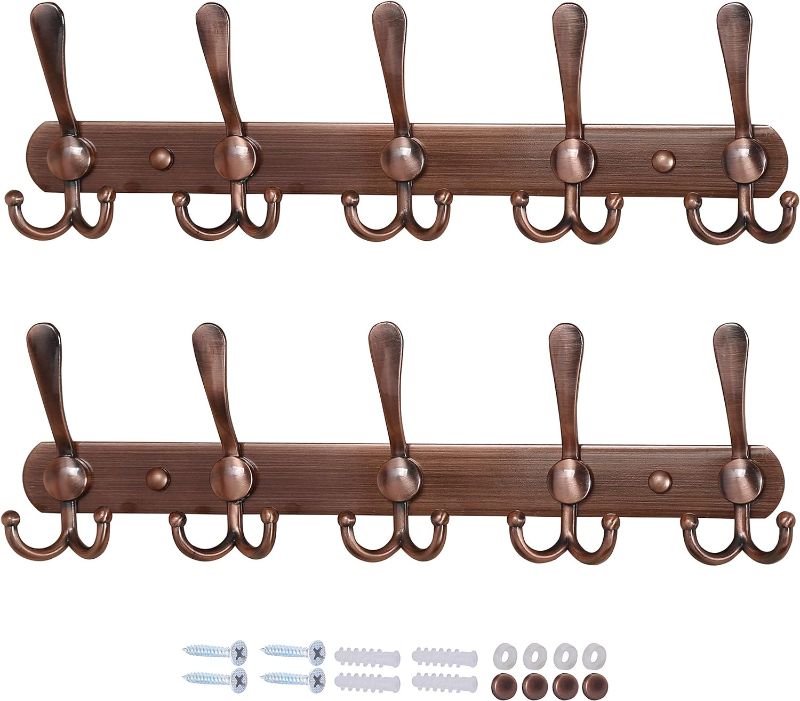 Photo 1 of Dseap Wall Mounted Coat Rack - 5 Tri Hooks, Heavy Duty, Stainless Steel, Metal Coat Hook Rail for Coat Hat Towel Purse Robes Mudroom Bathroom Entryway (Antique Copper, 2 Packs) Antique brass 2 Pack