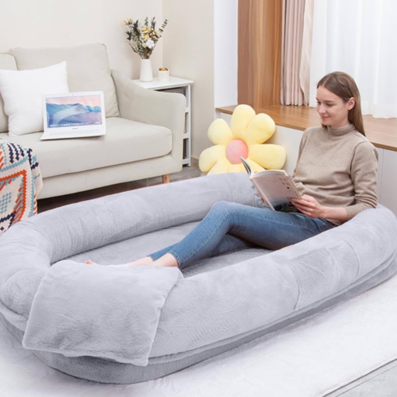 Photo 1 of Ultra-Soft Human Size Dog Bed for People and Pets; 77”x51”x11” Extra Large Dog Bed with Raised Cushioned Rim, Removable Cover, Waterproof Lining and Bonus Blanket (77"x51"x11", Grey)