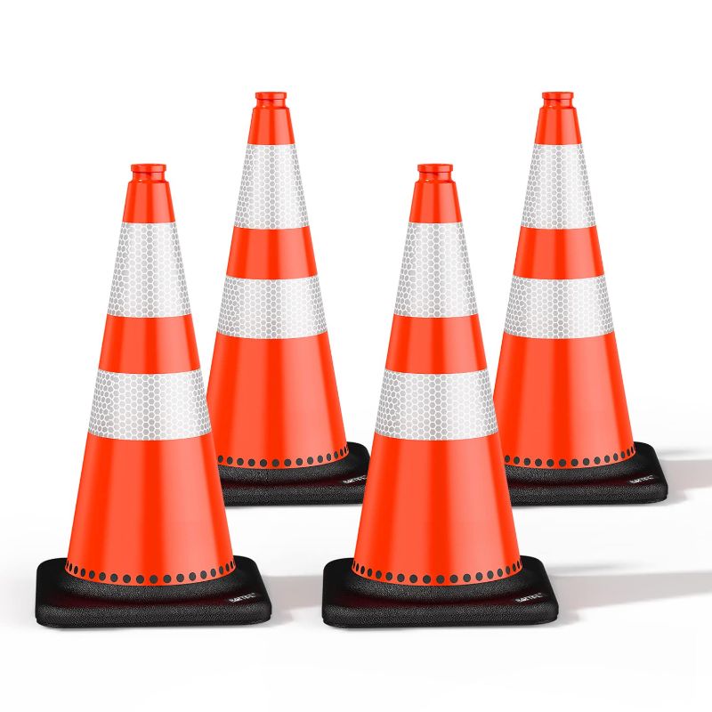 Photo 1 of (4 Pack) BATTIFE Traffic Cones 28 Inch with Black Weighted Base, PVC Orange Cone for Traffic Control, Construction Events, Driveway Road Parking Lot
