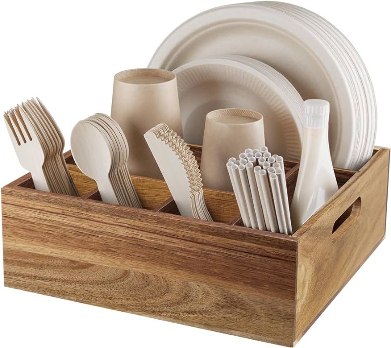 Photo 1 of ALELION Paper Plate Holder for Counter, Cutlery Holder with Handles, Rustic Wood Organizer