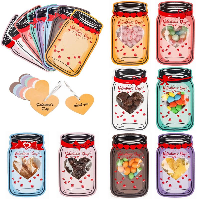 Photo 1 of Valentines Cards for Kids Classroom - 48 Pack Mason Candy Jar Happy Valentines Day Cards