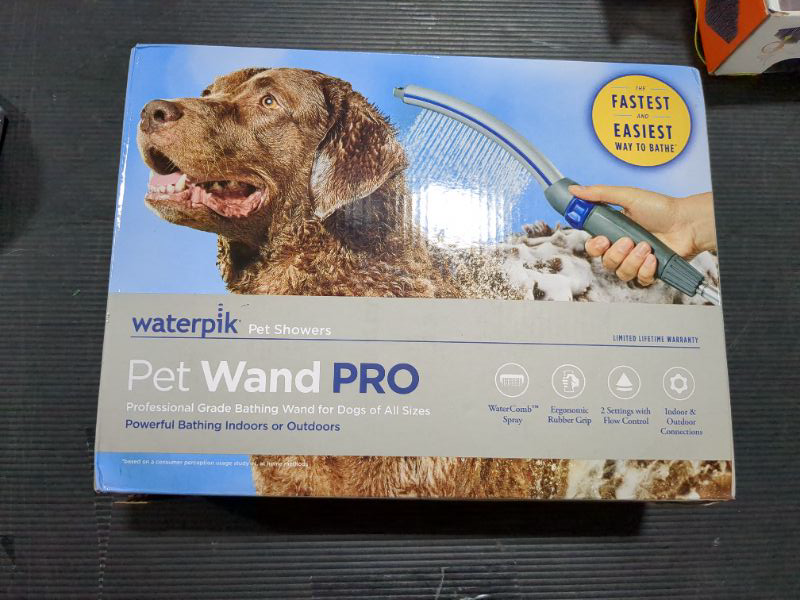 Photo 1 of Waterpik Pet Wand Pro Dog Shower Attachment for Fast and Easy Dog Bathing and Cleaning, Indoor and Outdoor Sprayer Includes 8-Foot Flex Hose, Blue/Grey, PPR-252E 1.8 GPM