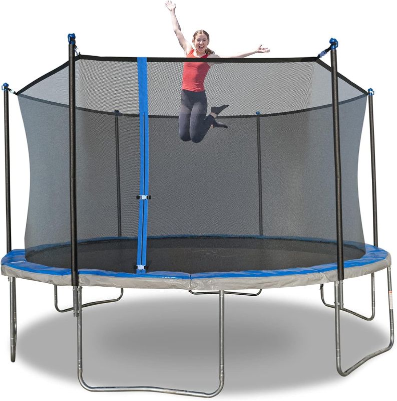 Photo 1 of Round Trampoline with Heavy Duty Galvanized Rust Resistent Steel Frame: 6-Pole Safety Enclosure Combo, Meets ASTM Safety Standard, 14 Ft - Blue
