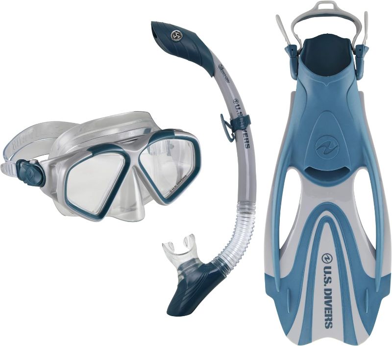 Photo 1 of US Divers Cozumel Adult Snorkel Set, Anti-Fog Polycarbonate Lens, Easy Fit Mask Buckles, Dry Top Snorkel, Adjustable Fin Buckles, Explore Series | Unisex Adult, Medium, Grey/Navy, (SR3981004M)

