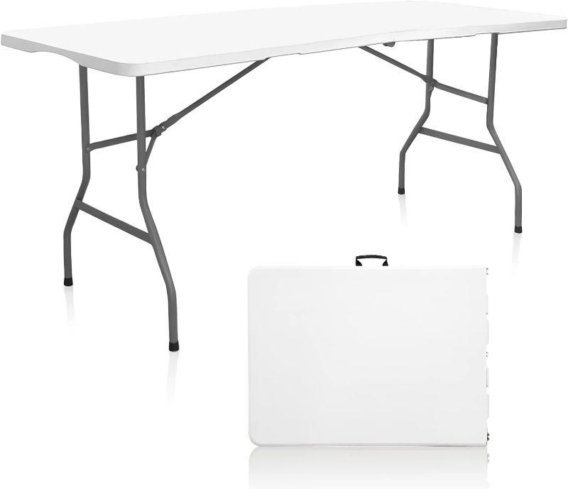 Photo 1 of Bi-Fold Plastic Folding Table, 6 FT Folding Table, Plastic Portable Tables for Dining Parties Card Picnic Camping, Granite White 6FT