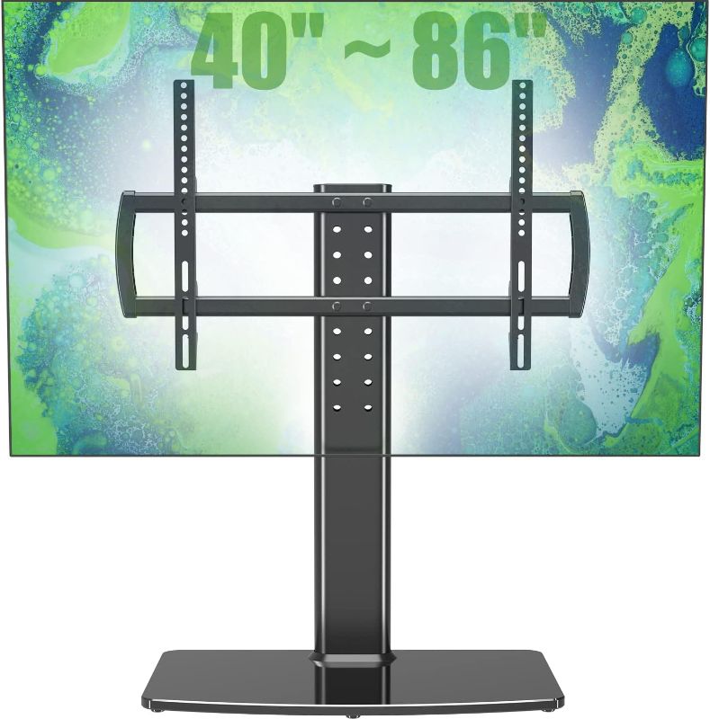 Photo 1 of Universal TV Stand/Base Tabletop TV Stand with Wall Mount for 40 to 86 inch 5 Level Height Adjustable, Heavy Duty Tempered Glass Base, Holds up to 132lbs Screens, HT03B-003

