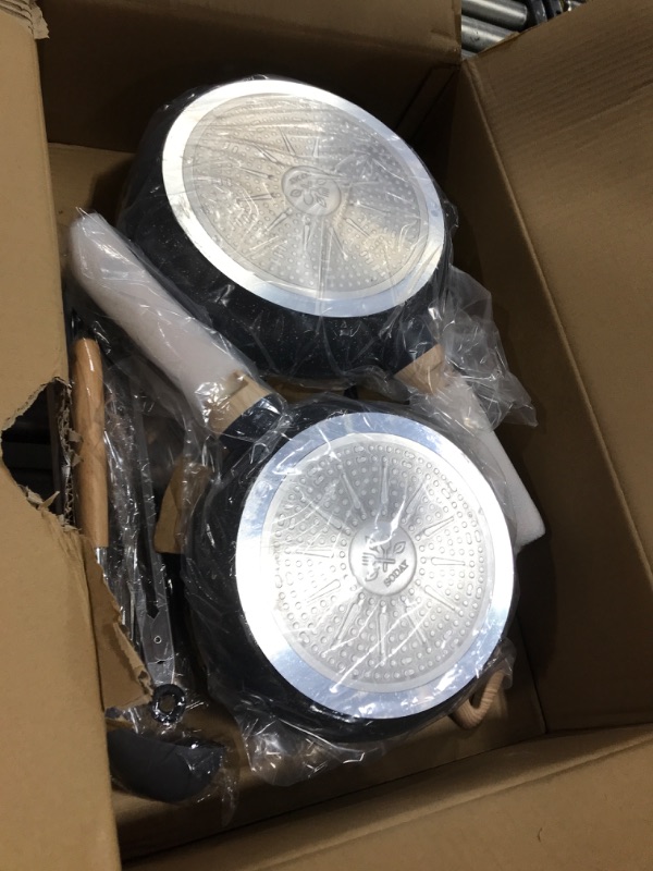 Photo 1 of SODAY Pots and Pans Set, Nonstick Kitchen Cookware Sets, 12 Pcs Induction Cookware Granite Cooking Set with PFOS & PFOA Free Frying Pans, Saucepans, Steamer Silicone Shovel Spoon & Tongs (Black)