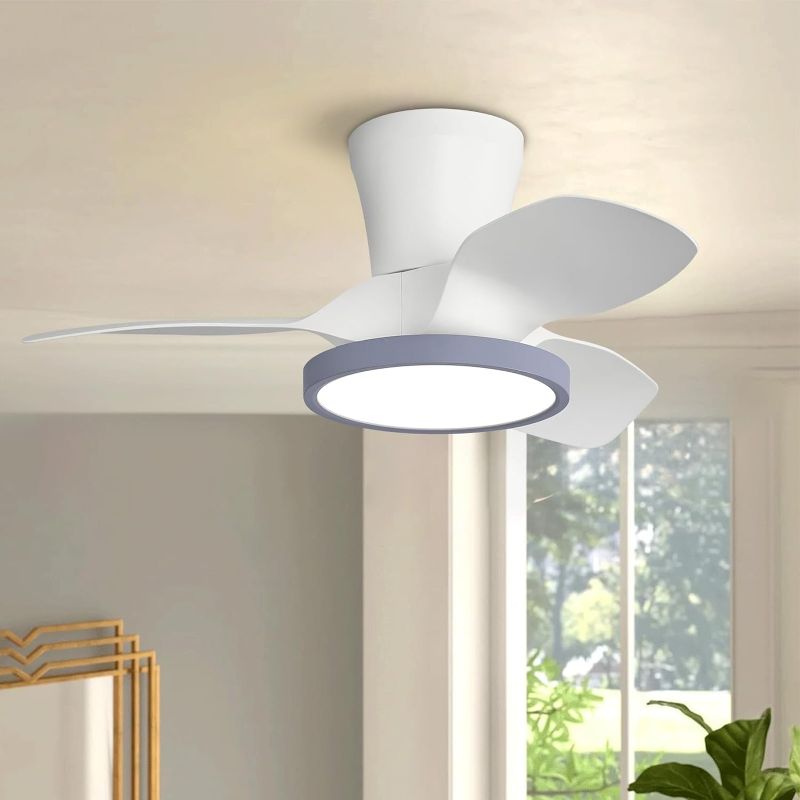 Photo 1 of Siljoy Ceiling Fans with Lights, 26 inch Flush Mount Ceiling Fans with Lights and Remote Control, Reversible Blades Small White Quiet Low Profile Ceiling Fan for Bedroom, Kitchen, Dining Room
