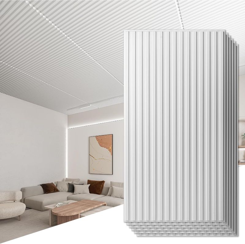 Photo 1 of Art3d 6-Pack Slat Design 3D Wall Panels for Interior Wall Decor, 2x4 FT PVC Decorative Drop Ceiling Tiles - Black 24 x 48in. Oblong - Black 6