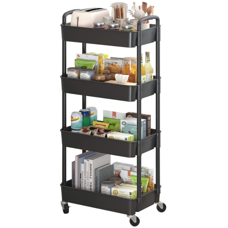 Photo 1 of Sywhitta 4-Tier Plastic Rolling Utility Cart with Handle, Multi-Functional Storage Trolley, Black