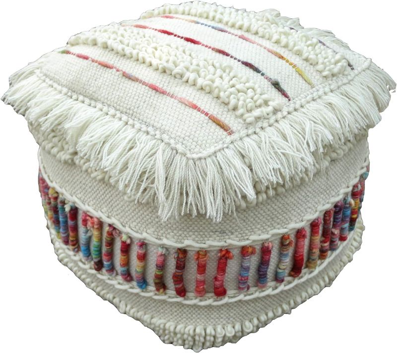 Photo 1 of Christopher Knight Home Roth Boho Wool Pouf, Ivory and Multi-Colored 16” x 16”x16”
