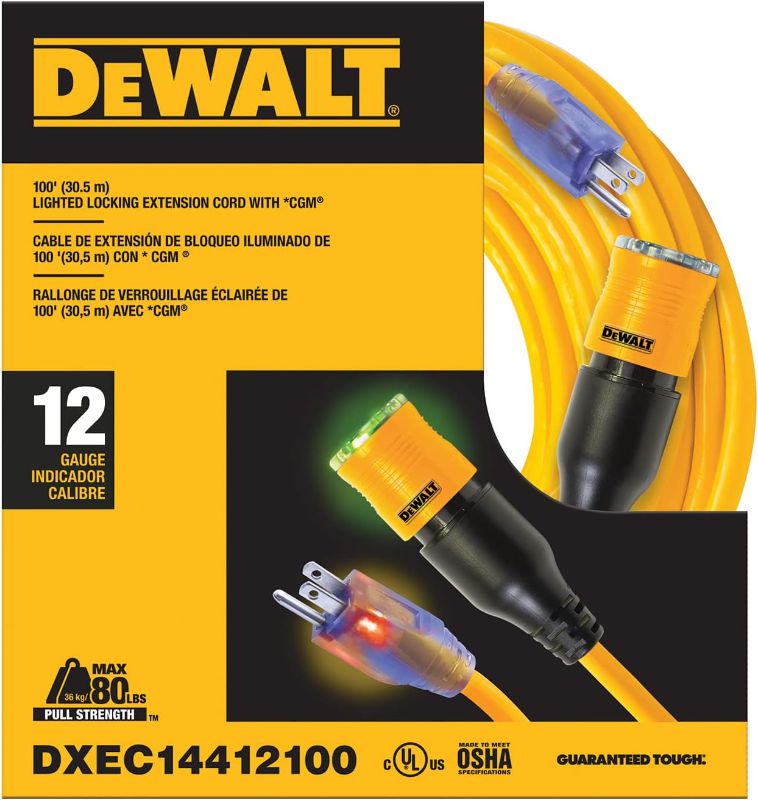 Photo 1 of DEWALT 100 Foot Extension Cord Lighted Click-to-Lock 12/3 SJTW - Heavy Duty 