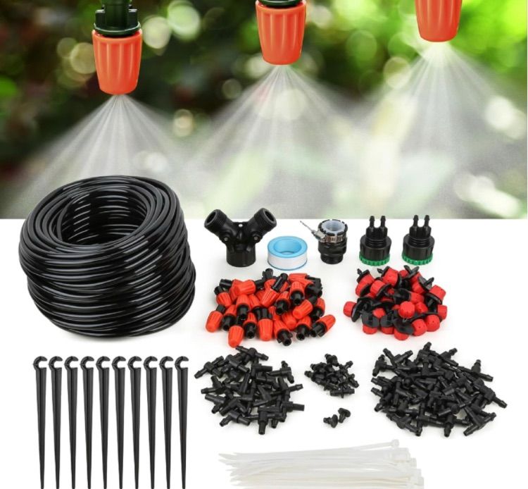 Photo 1 of 98ft Drip Irrigation Kit, 149pcs Micro Drip System Kit with 1/4" Blank Distribution Tubing Adjustable Drip Emitters Misting Sprinkler Barbed Connector