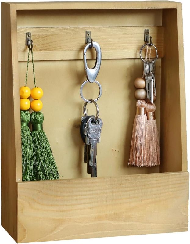 Photo 1 of Brown Wooden Key Holder, Wall Mounted Mail Organizer with 3 Key Hooks,Farmhouse Key Racks for Home Entryway, Decor 11.2" W x8.7 Hx3.4 D
