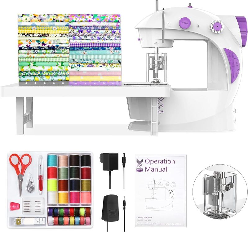 Photo 1 of KPCB Tech Sewing Machine for Beginners [Full Set] with Finger Guard and Fabric Bundles - Mini Sewing Machine with Sewing Kits, Foot Pedal, US Adapter and Extension Table
