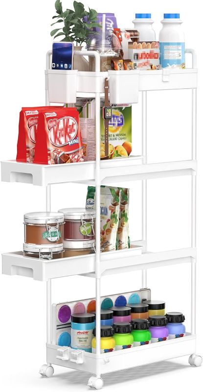 Photo 1 of SPACEKEEPER 4-Tier Rolling Storage Cart, Slide Out Bathroom Organizer Mobile Shelving Unit Laundry Room Storage with Brake Wheels, Hanging Cups, Dividers for Kitchen Bathroom Narrow Spaces, White
