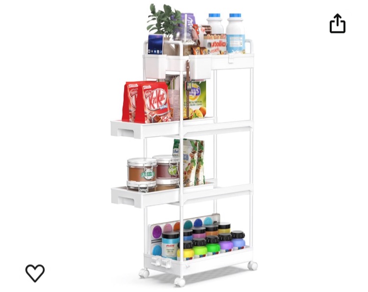 Photo 1 of SPACEKEEPER 4-Tier Rolling Storage Cart, Slide Out Bathroom Organizer Mobile Shelving Unit Laundry Room Storage with Brake Wheels, Hanging Cups, Dividers for Kitchen Bathroom Narrow Spaces, White