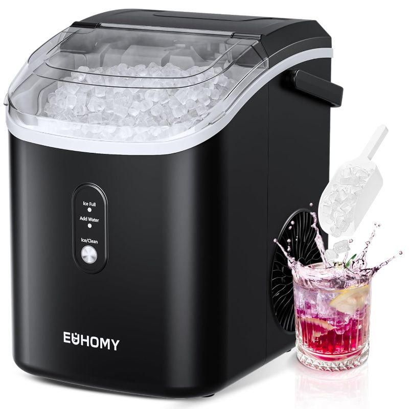 Photo 1 of EUHOMY Nugget Ice Maker Countertop with Handle, Ready in 6 Mins, 34lbs/24H, Removable Top Cover, Auto-Cleaning, Portable Sonic Ice Maker with Basket and Scoop, for Home/Party/RV/Camping. (Black)
